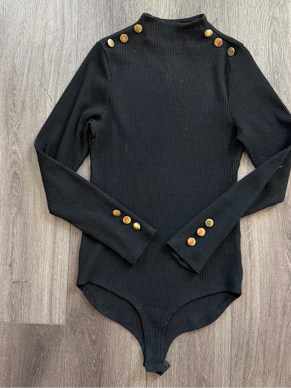 Black Ribbed Long-Sleeve Bodysuit One-Piece with Gold Buttons L